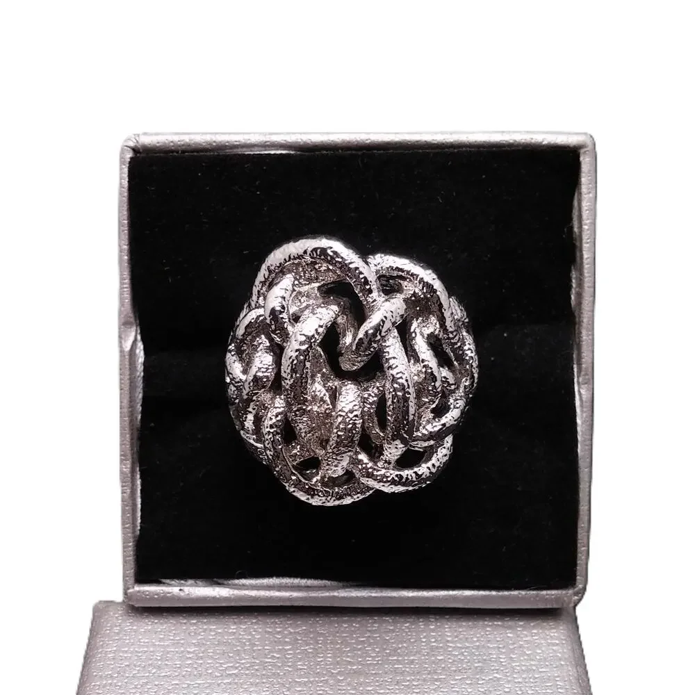 Chunky Knotted Brutalist Ring Unisex Textured Silver Plated Vintage Modernist